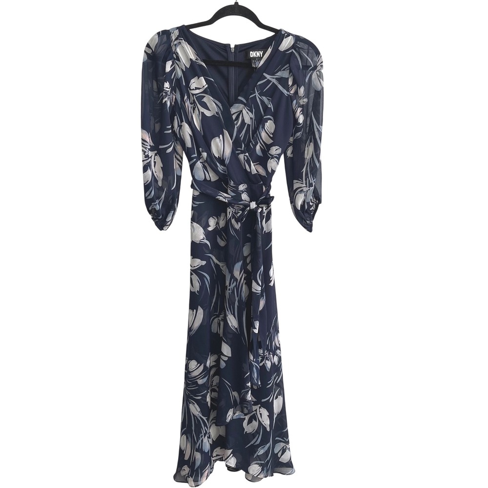 DKNY Navy Floral Wrap Maxi Dress Sheer Sleeve Tie Waist Size 2 NWT - Picture 4 of 13